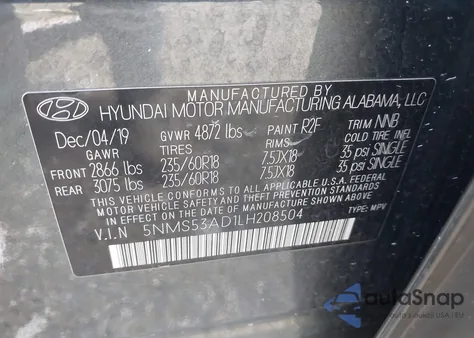 2020 Hyundai Santa Fe Limited from USA, damaged, VIN 5NMS53AD1LH208504